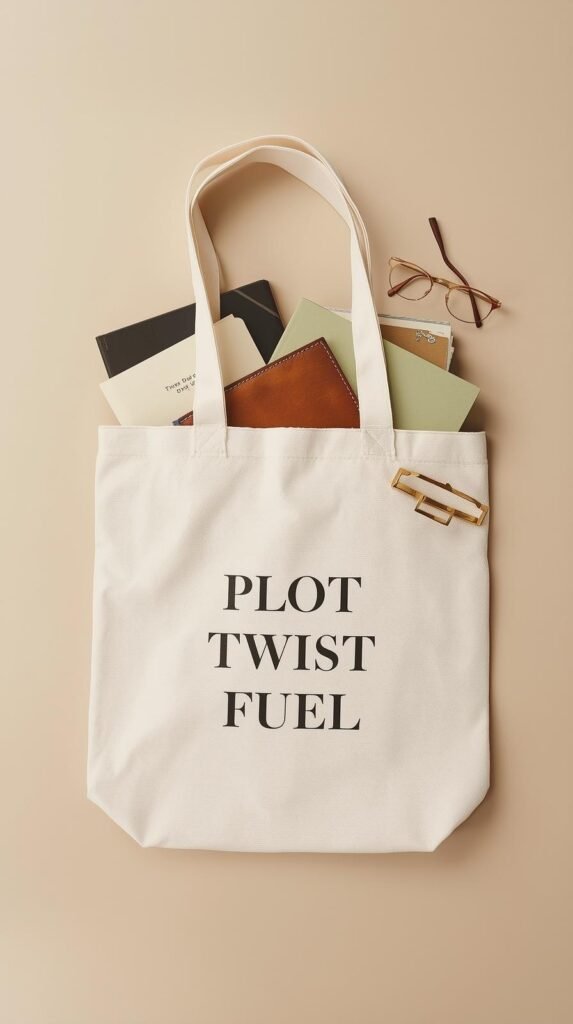 Canvas tote bag printed with “Plot Twist Fuel” or “Library Card Club,” filled with books, a notebook, and reading glasses. 