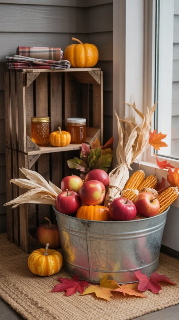 Charming fall front porch styled like a mini farmers’ market display, cozy and photogenic. A rustic wooden crate is stacked beside a galvanized metal tub overflowing with fresh apples, mini pumpkins, and dried corn cobs. Another crate is flipped on its side to create shelf space, holding small seasonal accents like jars of honey, plaid napkins, or a few fall leaves. The setup rests on a warm-toned doormat or wooden porch floor, surrounded by soft natural light. The color palette features muted oranges, golden yellows, and earthy browns for an authentic harvest vibe. The overall scene feels welcoming, rustic, and Instagram-ready — perfectly capturing the charm of a farm stand in a tidy, homey front porch setting. No words, no people