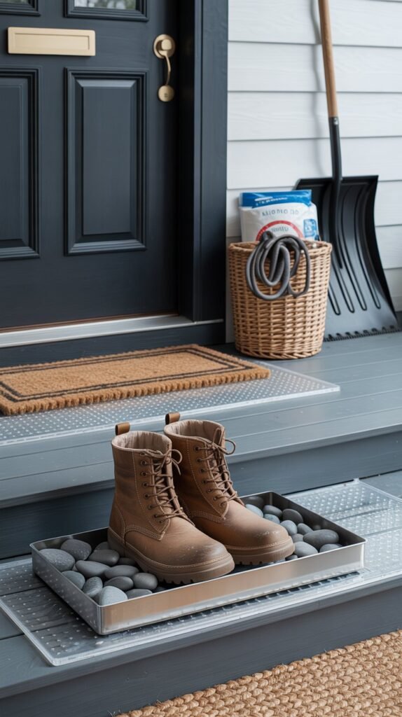 Chic and functional winter front porch styled for snowy weather. A black or dark gray front door opens onto a small, well-organized entry space. Beside the door sits a metal or rubber boot tray filled with smooth river stones, holding a pair of snow boots neatly arranged. A woven or lidded outdoor storage basket rests nearby, discreetly storing gloves, pet leashes, and ice melt. A compact matte black or wood-handled shovel leans casually against the wall—practical yet decorative. Clear or neutral non-slip treads line the steps for safety, blending seamlessly with the porch design. Layered doormats—one textured coir outside and one smaller woven rug inside—keep the space tidy. The overall aesthetic is cozy, intentional, and winter-ready, proving function and style can coexist beautifully even on a snowy day.