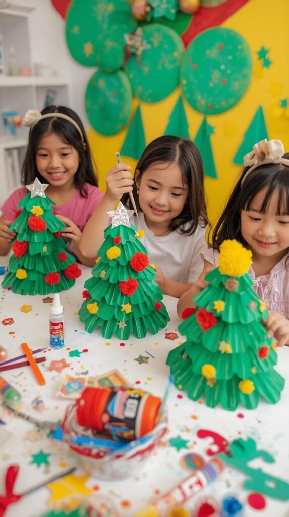 Children painting paper plates green and gluing pom-poms and stars to create Christmas tree crafts.