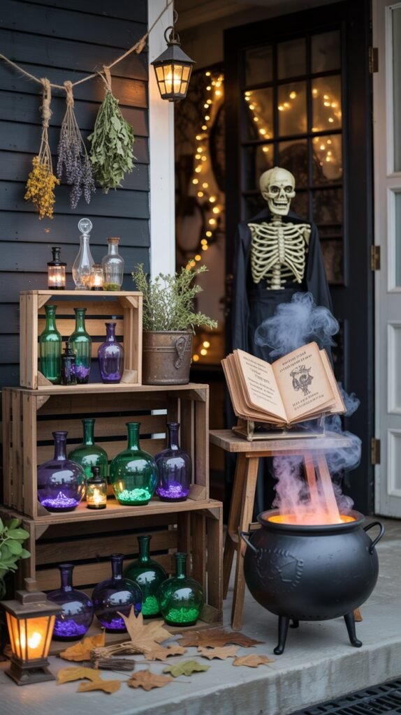 Cinematic Halloween front porch styled with a themed vignette that feels immersive and story-driven. Choose a scene—either a witch’s apothecary, haunted library, or pumpkin patch market.

For a Witch’s Apothecary stacked wooden crates display glass potion bottles with glowing liquids, dried herbs hanging from twine, a vintage spellbook propped open, and a bubbling black cauldron as the centerpiece.

For a Haunted Library weathered books stacked on a crate, brass candlesticks with flickering candles, a few cobwebs, and a black raven perched on top of an open tome.

For a Pumpkin Market rustic bushel baskets filled with assorted pumpkins and gourds, a chalkboard “Fresh Pumpkins” sign, plaid blankets folded nearby, and a few hay bales for texture.

Each vignette sits on a layered rug or textured mat for grounding, lit by lanterns or string lights for warmth. Add one bold hero element—like a life-size skeleton shopkeeper or cauldron—to set the scene, then sprinkle small details like fallen leaves, cobwebs, or fairy lights to bring it to life. The overall look is creative, cohesive, and perfectly balanced between charming and cinematic.