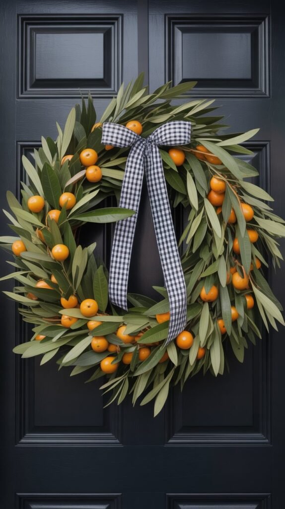 Elegant citrus-inspired front door wreath made of long olive-green leaves and small orange fruits, resembling mandarins or tangerines. The wreath is circular and full, with a natural, organic texture. It’s hung on a sleek black door using a black-and-white gingham ribbon tied in a bow at the top. Bright, cheerful contrast between the green foliage and vivid orange fruit, styled in a modern farmhouse aesthetic. Soft natural daylight, clean composition, high-resolution lifestyle photography