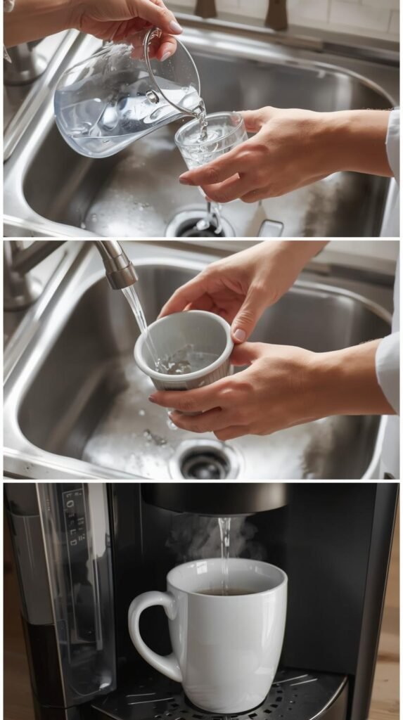 A step-by-step lifestyle photo showing hands cleaning a Keurig. Include removing the water reservoir, rinsing it in the sink, and running a brew cycle with a mug under the spout.