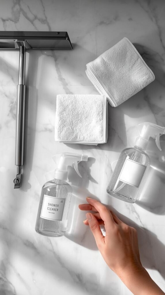 A styled product photo setup showing four key tools: shower squeegee, microfiber cloth stack and glass spray bottles labeled "shower cleaner". All arranged neatly on a bathroom vanity or folded towel with subtle reflections on a white marble surface. Optional hand reaching for one item to add lifestyle realism.