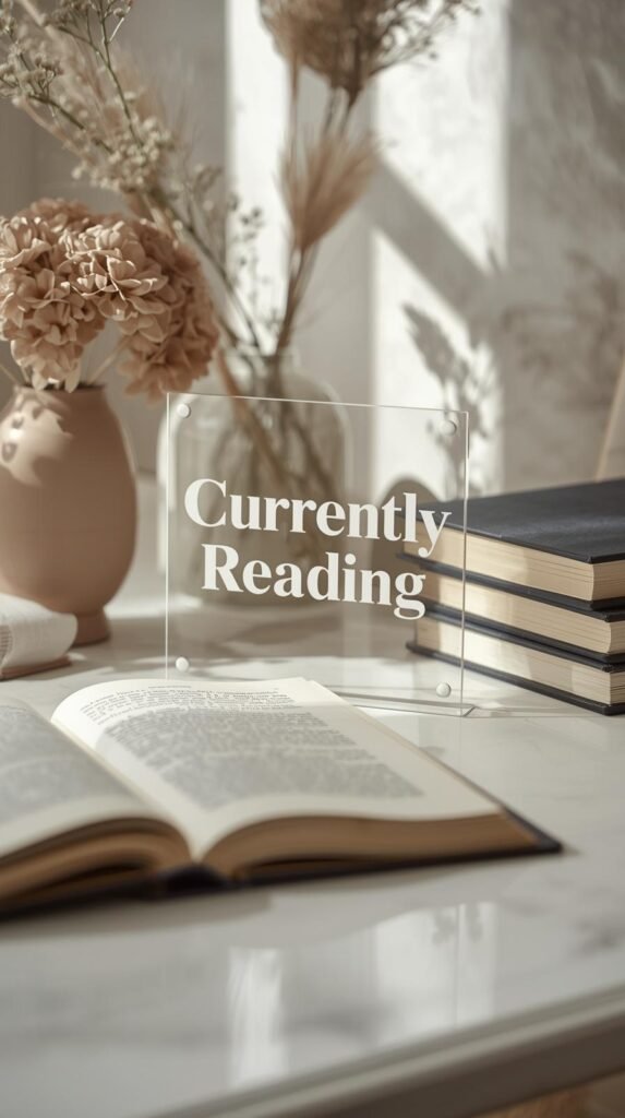 Clear acrylic “Currently Reading” sign next to an open book and small stack of novels.