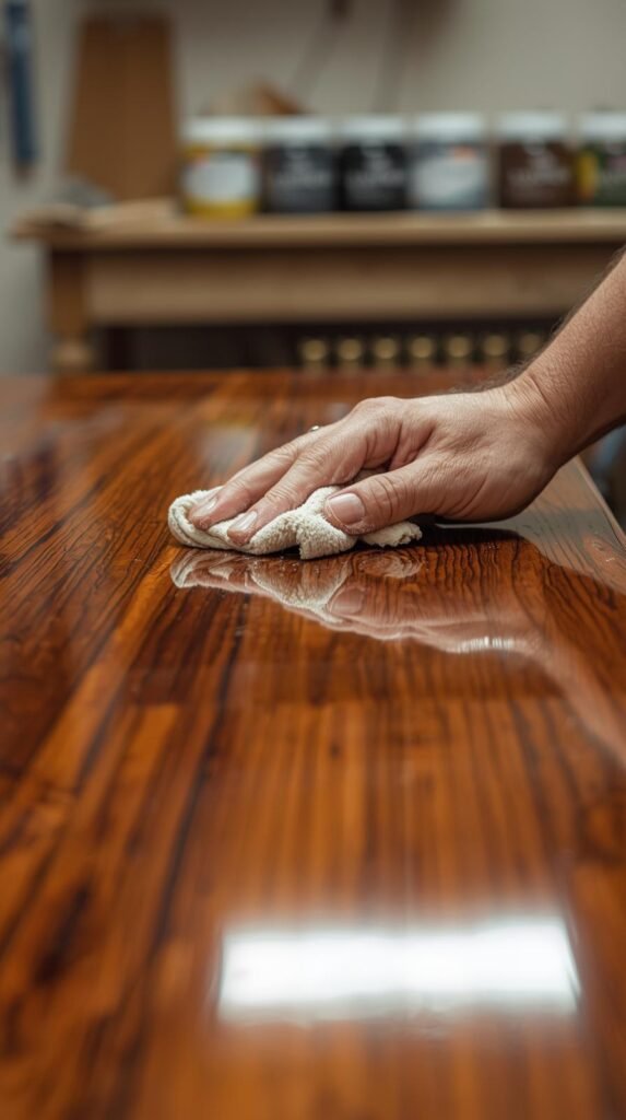 Close-up of a hand applying clear wax or polyurethane with a soft cloth on a finished dresser. The surface shines under light, showing smooth reflection and even coverage. Background slightly blurred with visible paint jars and tools