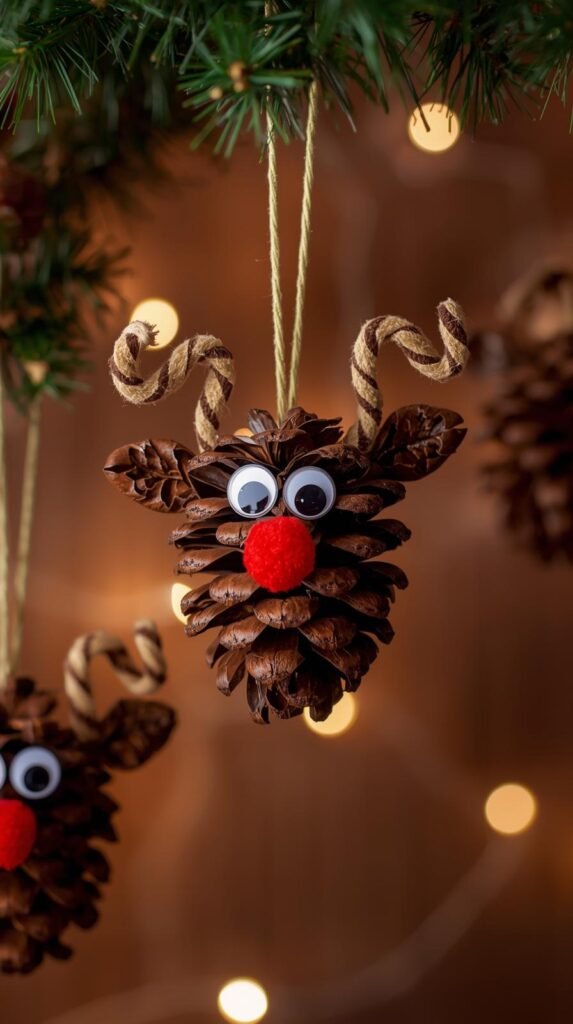 Close-up of handmade pinecone reindeer ornaments hanging on a Christmas tree.