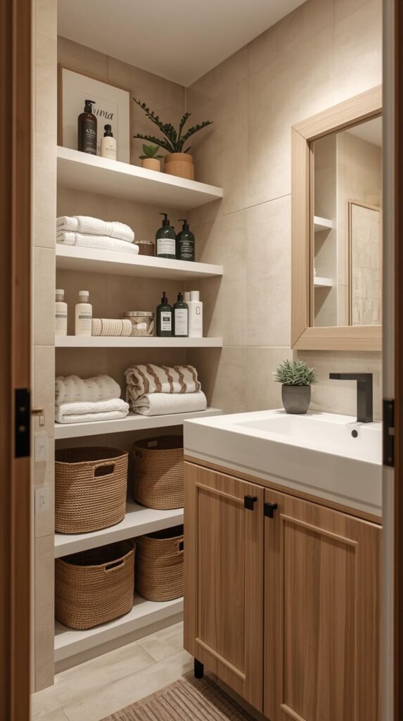 Compact modern bathroom corner with efficient vertical storage. White floating corner shelves neatly display bathroom essentials such as lotions, folded towels, skincare products, and small potted plants for a touch of greenery. Below the shelves, woven and fabric storage baskets hold extra items for a tidy, clutter-free look. A white sink vanity with wood cabinetry and a rectangular mirror framed in light oak completes the aesthetic. Warm, neutral lighting and beige tiled walls create a cozy, spa-like atmosphere in this small but well-organized bathroom.