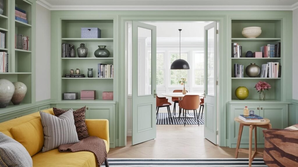 Contemporary reading room with a playful mix of pastel and bold tones. The space features mint-green built-in bookcases filled with books, decorative storage boxes, and glass vases. A bright yellow sofa adds a cheerful contrast, accented with gray and navy pillows and a cozy throw blanket. Natural light filters through French doors with matching mint trim, leading into a dining room with modern brown chairs and a black dome pendant light. A striped area rug and nested wooden tables add warmth and functionality. The overall look is fresh, colorful, and modern with Scandinavian-inspired touches.