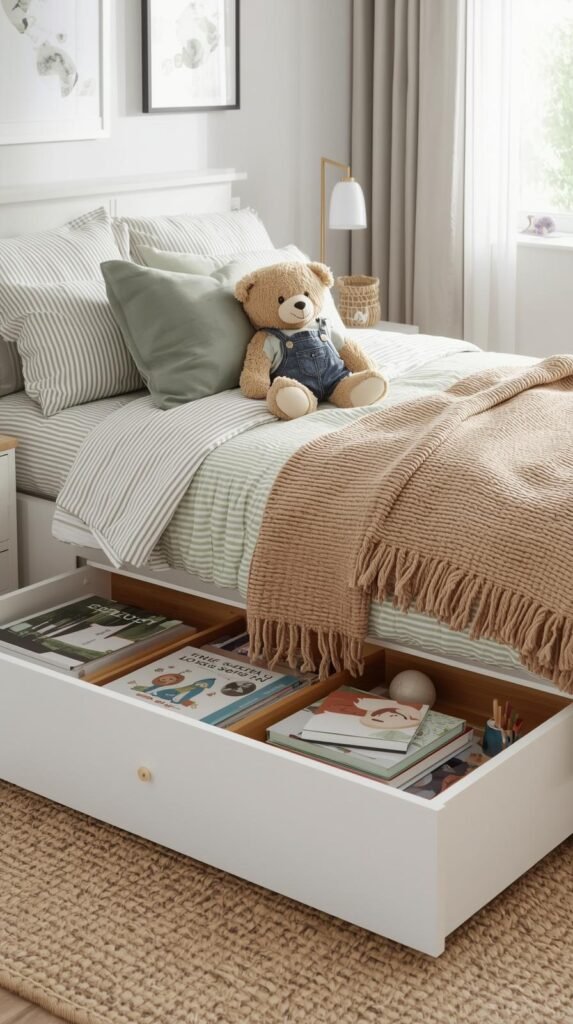 Cozy and functional children’s bedroom with a Scandinavian-inspired design. The bed features soft green and white striped bedding, complemented by sage and taupe pillows and a textured caramel-colored throw blanket. A plush teddy bear in denim overalls sits on top of the bed. Below, a pull-out storage drawer reveals neatly organized children’s books, a woven basket, and small toys. The space has a clean, warm aesthetic with neutral tones, natural light, and minimal decor — creating a calm and inviting environment perfect for reading and rest.