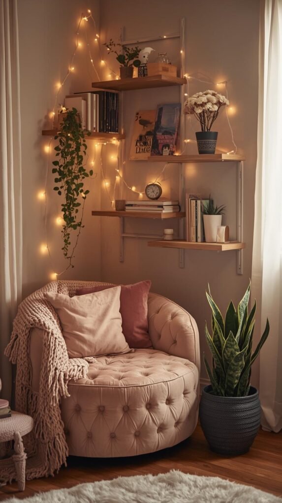 Cozy and inviting reading nook in a softly lit corner. A plush, tufted round accent chair with blush pink throw pillows and a chunky knit blanket creates a warm, feminine vibe. The walls feature floating wooden shelves decorated with books, trailing green plants, and fairy string lights draped beautifully to add a magical glow. A snake plant sits in a textured black planter beside the chair, while natural light filters through sheer curtains. The overall atmosphere feels calm, comfortable, and dreamy — perfect for a small-space reading corner or relaxation nook with boho-chic and hygge-inspired decor.”