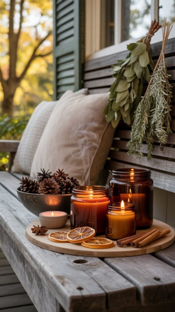 Cozy fall front porch styled to evoke the scents of the season. A rustic wooden bench or side table holds a candle arrangement with amber glass jars, cinnamon sticks, and dried orange slices. A small ceramic oil diffuser releases wisps of steam beside a bowl of pinecones and star anise. Freshly cut eucalyptus and bundles of dried herbs—like sage and rosemary—hang nearby, adding natural fragrance. A plaid throw and soft pillows make the seating inviting, while a few pumpkins and lanterns add warm autumn atmosphere. Golden afternoon light filters across the porch, highlighting the textures of wood, linen, and dried botanicals. The overall mood feels sensory, cozy, and aromatic—like stepping into fall itself.