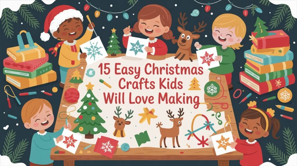 A cozy holiday scene of a kitchen table filled with kids doing Christmas crafts