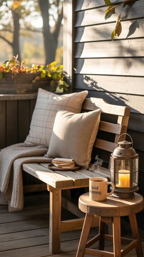 Cozy rustic porch corner styled for fall, bathed in soft golden light. A wooden bench sits against a white shiplap wall, layered with neutral plaid and herringbone throw pillows and a chunky knit blanket draped casually over the seat. Below, a woven basket filled with extra throws and blankets adds warmth and texture. Beside the bench, a small weathered wooden stool serves as a side table, holding a lantern with a glowing candle and a ceramic mug of tea. The overall palette features soft creams, tans, and natural wood tones, creating an inviting and serene outdoor nook that feels calm, comforting, and perfect for a crisp autumn morning.