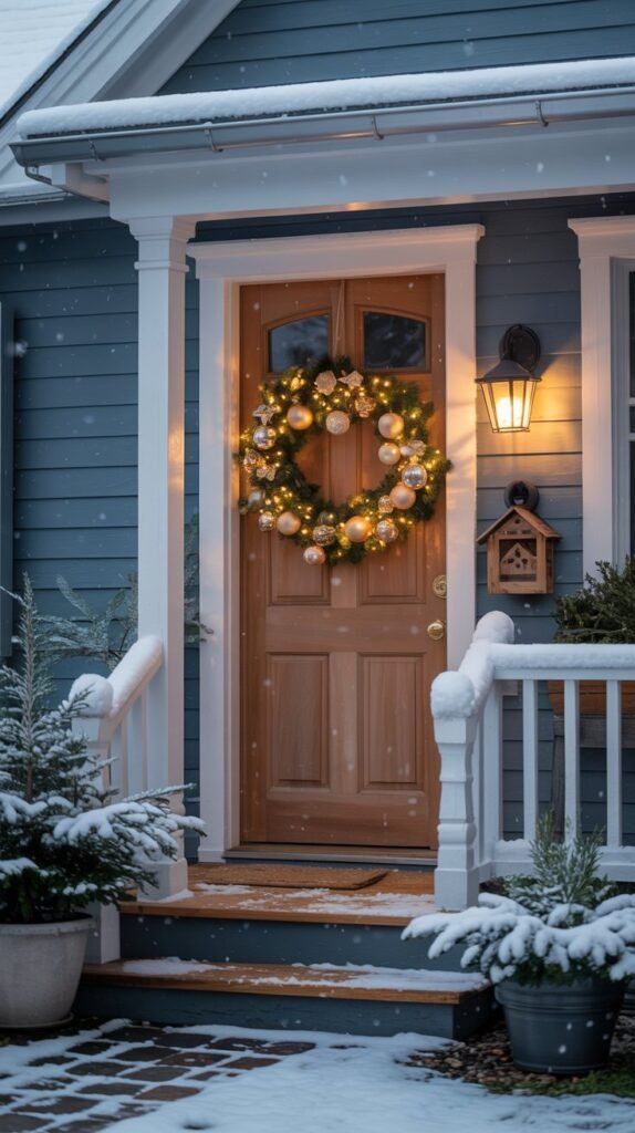 Cozy winter front porch scene after fresh snowfall. A wooden front door with a glowing Christmas wreath adorned with twinkling warm white lights, gold ornaments, and evergreen branches creates a welcoming focal point. The house exterior is painted a soft slate blue with white trim, and a black metal lantern by the door casts a warm, golden glow. Snow gently dusts the steps, railings, and potted evergreens. A charming wooden birdhouse sits on the porch, adding a rustic, homely touch. The atmosphere feels calm, serene, and festive—perfect for a peaceful holiday moment.