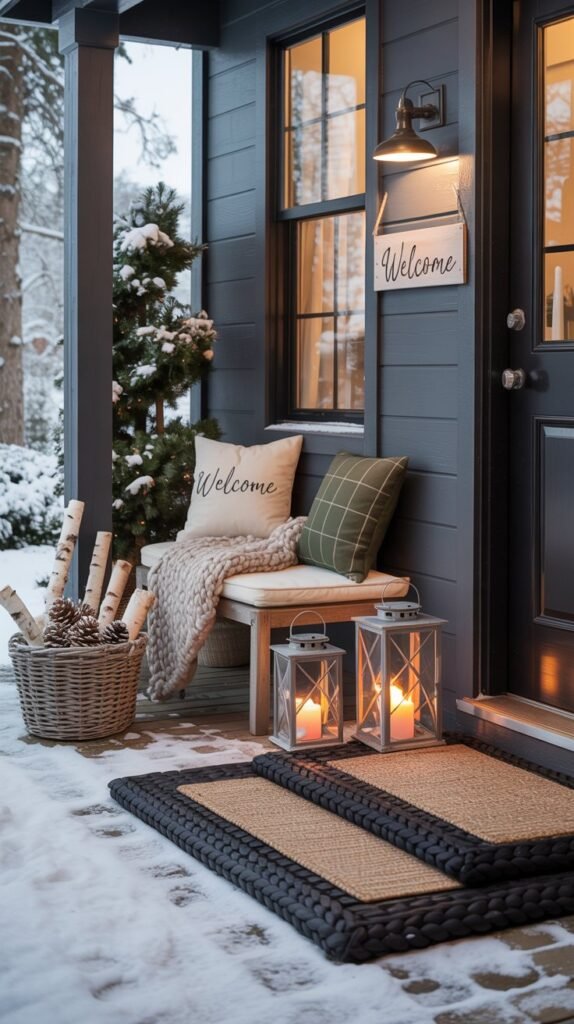 Cozy winter front porch ideas styled for the cold season, softly dusted with snow. A dark gray paneled exterior and black front door create a modern contrast against the white winter backdrop. A cushioned bench with a cream pillow, green plaid accent pillow, and chunky knit throw blanket adds warmth and comfort. Two lanterns with glowing candles sit beside a layered welcome mat—a natural jute mat over a thick black woven rug—inviting guests in from the cold. A woven basket filled with birch logs and pinecones completes the look, while gentle snow falls around the scene. The atmosphere is calm, welcoming, and hygge-inspired—perfect for cozy winter charm.