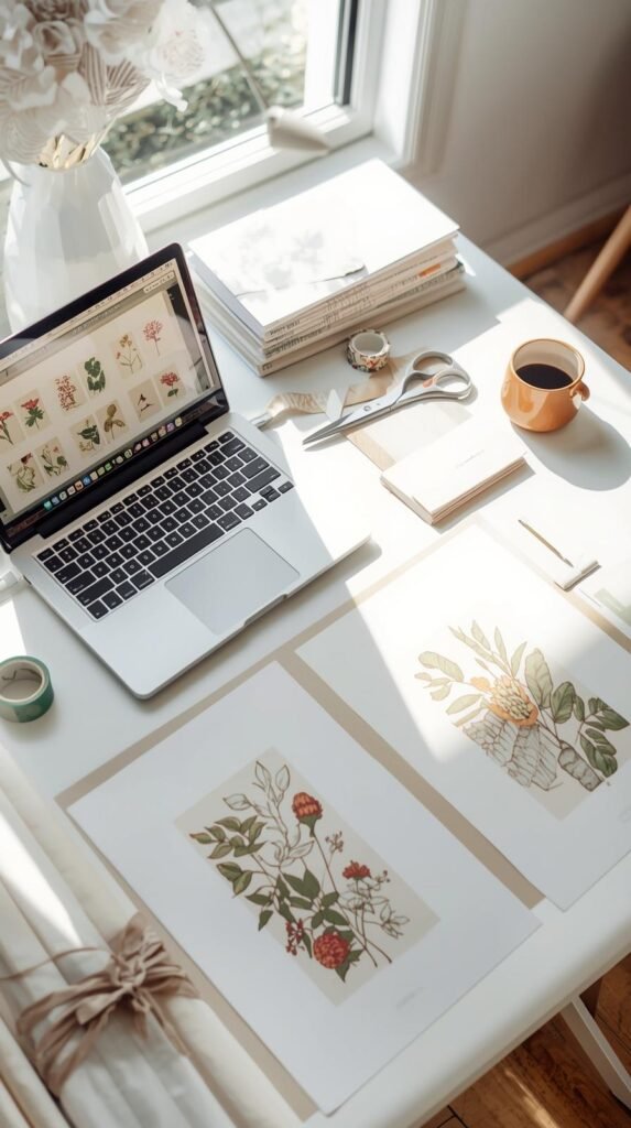 Create a bright, creative workspace setup that looks like someone is printing and preparing art for a gallery wall. Show an open laptop displaying vintage botanical art downloads, a stack of matte photo paper, scissors, tape, and printed art pieces laid across a white desk. Include a coffee cup, washi tape, and a few rolled-up prints to add realism. The setting should feel accessible and cozy, lit by natural morning light from a nearby window.