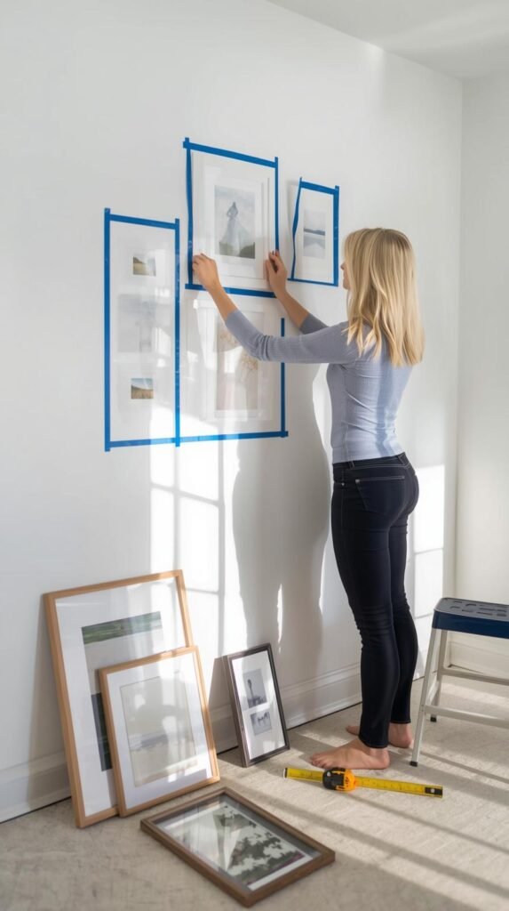 Depict a person actively creating a gallery wall layout by using blue painter’s tape on a blank white wall to outline where each frame will go. Several frames and art prints should be laid neatly on the floor below, alongside tools like a tape measure, pencil, level, and small step stool. The scene should convey careful preparation and hands-on creativity. Use bright, even daylight to emphasize the clean workspace and show subtle shadows for depth.