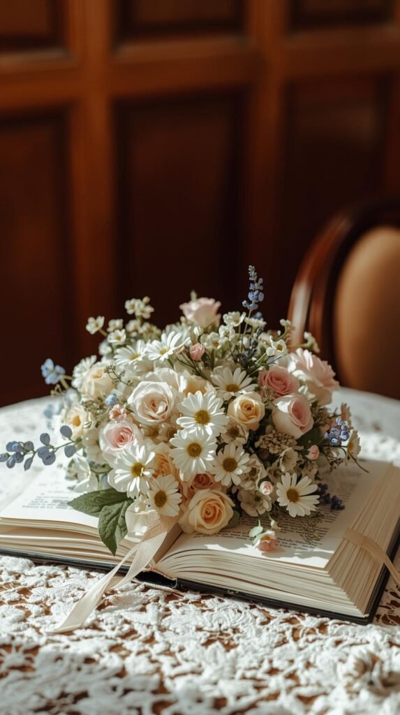 Creative book centerpiece featuring an open hardcover book with its pages artfully fanned out and filled with fresh flowers. The floral arrangement includes white daisies, soft pink roses, pale blue blooms, and delicate greenery, creating a romantic, whimsical aesthetic. The setup sits on a lace-covered table in a cozy, softly lit room with warm wood tones in the background. Perfect for a literary-themed wedding, tea party, or spring table decor. High-resolution photography with a bright, airy feel and shallow depth of field focusing on the floral arrangement.
