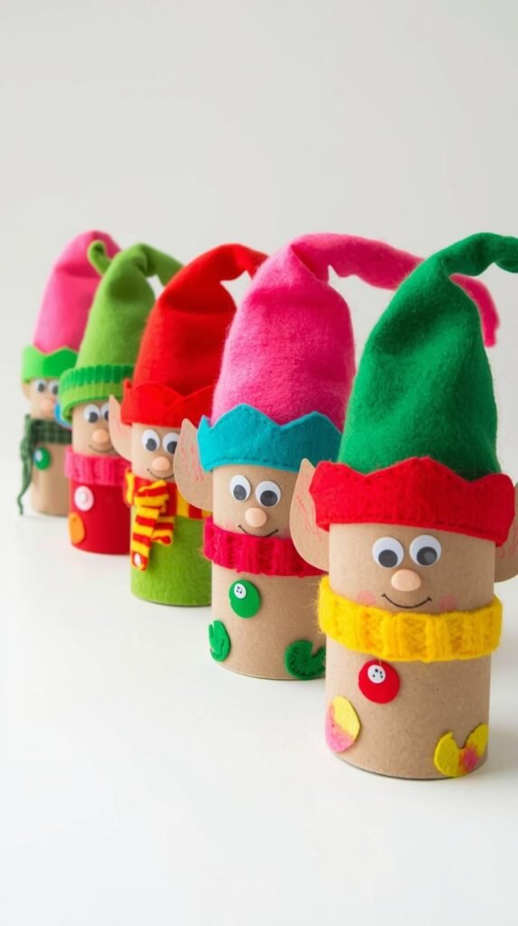 DIY toilet paper roll elves lined up on a white surface. Each with felt hats, googly eyes, and scarves. Fun and colorful with a child’s hand adjusting one elf