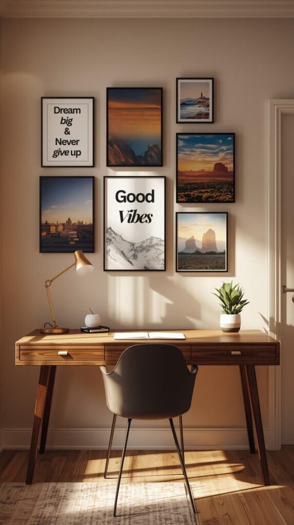 A home office with motivational quotes and travel prints above a desk.