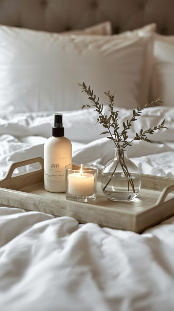 Decorative tray placed on a neatly made bed, holding a linen spray bottle, a lit candle, and a small glass vase.
