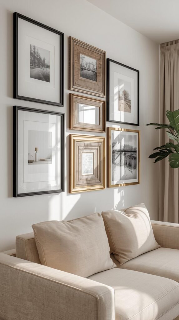 Design a cozy living room wall showcasing a beautifully balanced gallery wall composed of mixed frame styles — matte black metal, distressed wood, and brushed brass. Each frame should vary slightly in size and thickness but maintain cohesive spacing. Include minimal modern furniture, such as a beige sofa and linen curtains, to create a clean backdrop. Illuminate the wall with bright, diffused natural daylight, and capture the scene from a straight-on perspective that emphasizes proportional harmony.