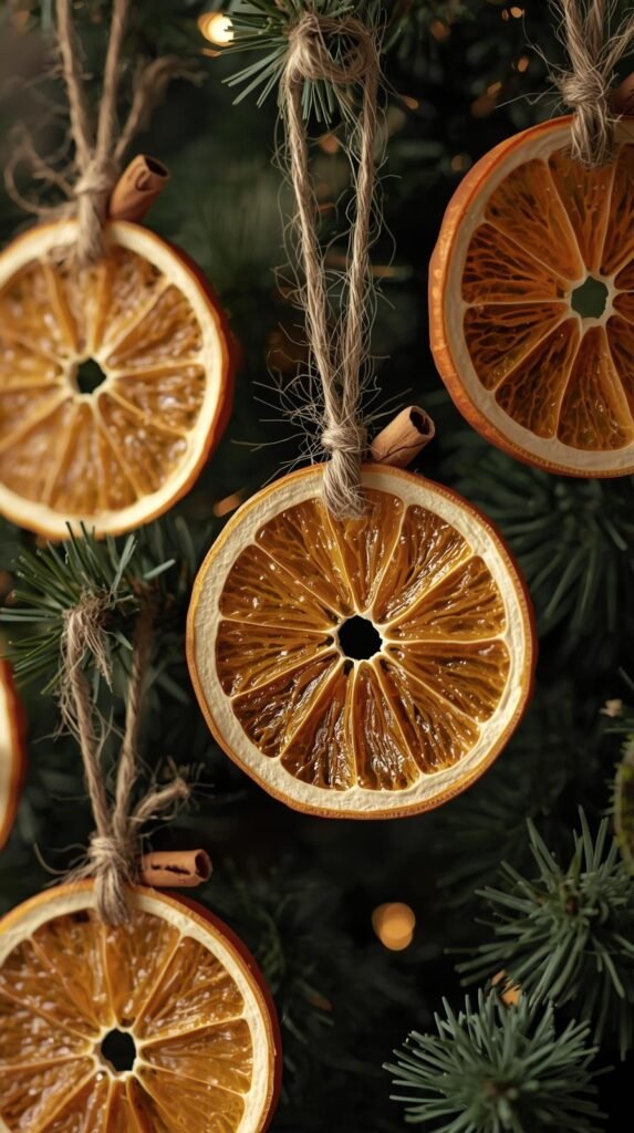 Dried orange slice ornaments with twine and cinnamon sticks hanging on a Christmas tree.