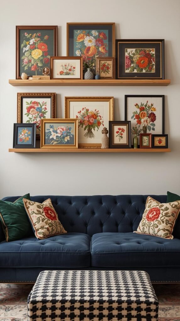 Eclectic gallery wall featuring a colorful collection of vintage floral paintings and needlepoint artwork displayed on three natural wood floating shelves. Each shelf holds an array of framed art in varying sizes, with rich hues of red, orange, yellow, green, and blue. The frames range from gold to wood and black, adding character and warmth. Below, a navy-blue velvet sofa with green pillows anchors the scene, next to a black-and-white checkered ottoman. The overall aesthetic feels cozy, creative, and nostalgic — a curated vintage art display in a modern home. High-resolution, natural lighting, warm tones.