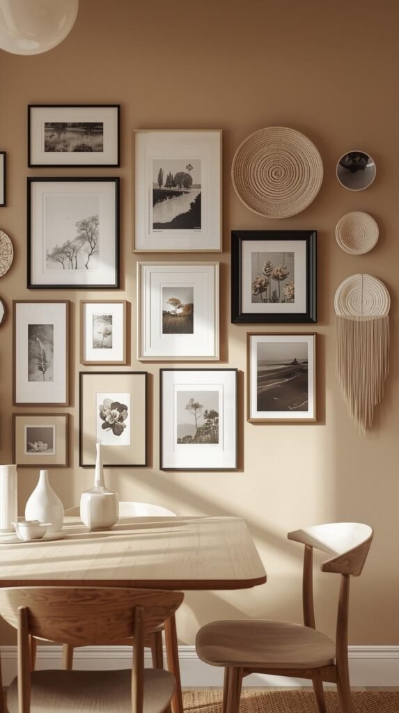 Eclectic gallery wall in a cozy dining space with a mix of art prints, framed photos, decorative plates, and textured wall art. The display features various frame styles—black, white, gold ornate, and natural wood—arranged in a visually balanced yet casual layout. Set against a warm beige wall, the collection includes nature photography, abstract art, and sculptural elements like a woven basket and hanging feather print. Below the wall, a light wood dining table with minimalist chairs holds simple glass vases and neutral decor, completing a Scandinavian-inspired, lived-in aesthetic. Soft natural lighting, cozy and artistic atmosphere, high-resolution interior photography.