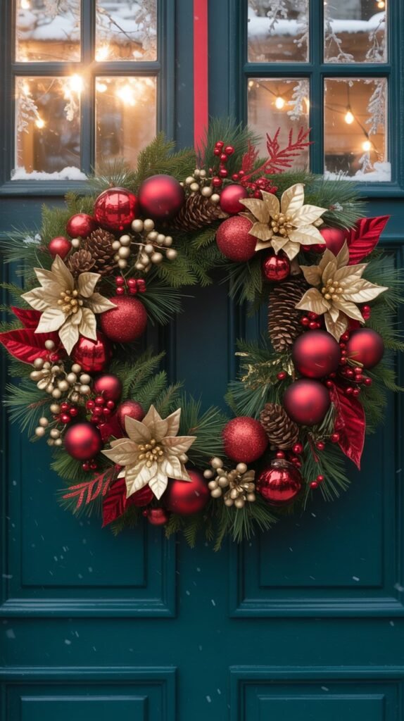 Elegant Christmas front porch ideas wreath hanging on a dark front door, featuring a luxurious mix of deep red and gold decorations. The wreath is lush and full, made of evergreen pine branches adorned with large matte and glossy red ornaments, metallic gold poinsettias, pinecones, and clusters of gold berries. Red velvet leaves and subtle glittering accents add texture and festive shine. The color palette combines rich crimson, deep green, and metallic gold for a classic holiday look. The lighting is warm and natural, enhancing the wreath’s elegant holiday glow and making it the perfect front door decor for Christmas.