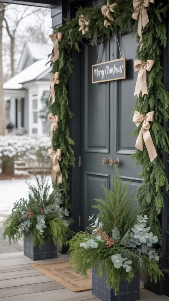 Elegant monochrome Christmas front porch styled in cohesive tones for a modern, sophisticated look. The scene features lush green garlands draped around the doorway, green ribbon bows, and matching green planters with layered foliage—cedar, balsam, and eucalyptus for rich texture. The monochrome green palette feels fresh and timeless, with subtle variations in tone and leaf shape adding depth. Optional metallic accents like gold or brass lanterns introduce a touch of glam without breaking the harmony. The lighting is soft and natural, highlighting the cohesive, minimalist design. Alternatively, envision an all-white version white lights, snowy garlands, frosted lanterns, and soft faux snow for an ethereal winter effect.