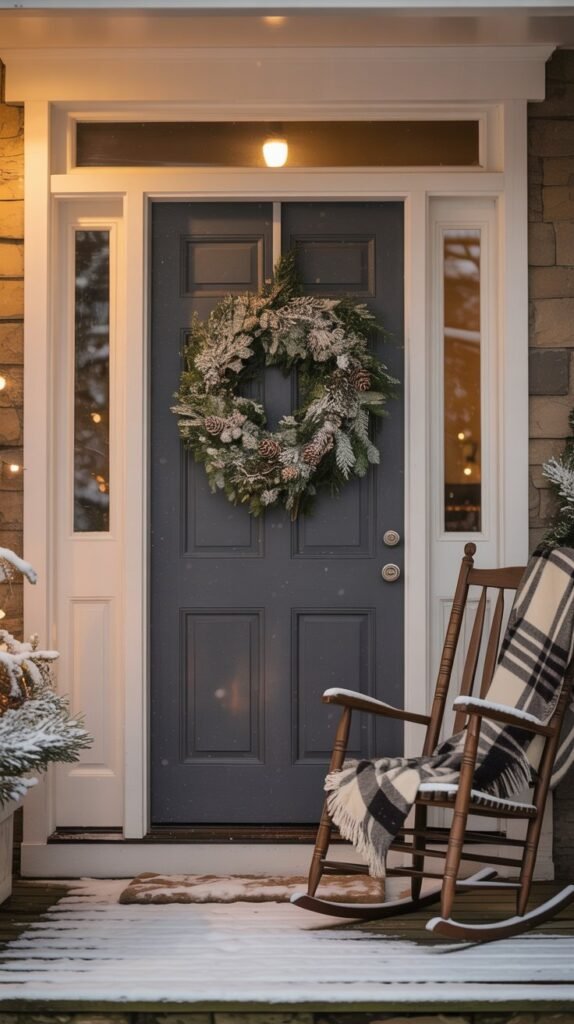 Elegant winter front door wreath with a natural, frosted look. The wreath is lush and full, featuring snow-dusted pinecones, deep green magnolia leaves, and frosted evergreen branches arranged in a balanced circular design. It hangs on a matte black front door with raised panel detailing, framed by cream trim and a narrow glass sidelight window. The backdrop includes a section of neutral-toned stone siding, adding rustic warmth and contrast to the cool winter tones of the wreath. The overall style is timeless, festive, and sophisticated—perfect for a modern yet classic holiday entryway.
