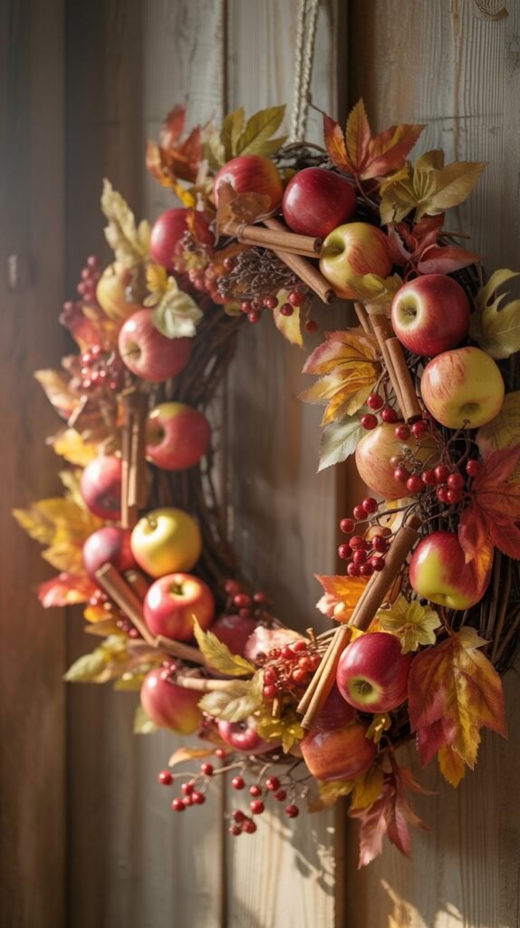Vibrant fall harvest wreath featuring red and yellow apples, faux berries, cinnamon sticks, and autumn leaves in warm shades of red, gold, and orange. The wreath has a full, lush appearance with natural grapevine accents peeking through, and it’s displayed on a rustic wooden wall. Cozy and inviting autumn aesthetic with rich textures and warm lighting, evoking the essence of fall harvest and seasonal home decor. High-resolution lifestyle photography with natural tones and soft shadows.