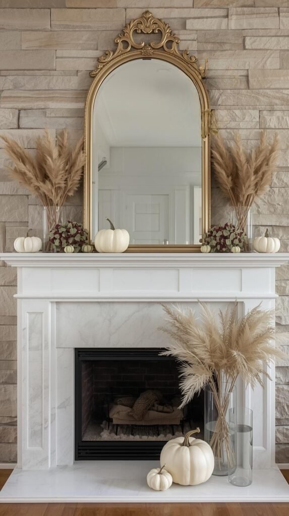 A neutral, elegant fall mantel with a rustic-modern aesthetic. The stone fireplace features a white mantel decorated with small white pumpkins, dried autumn leaves, and natural elements for a minimalist Thanksgiving look. A large vintage gold-framed mirror is centered above the mantel, reflecting light and adding sophistication. To the sides, there are subtle touches of fall décor — a small brown leaf wreath, dried wheat stalks, and soft green accents. On the hearth, large white pumpkins sit beside tall glass vases filled with pampas grass and dried floral stems, adding organic texture and height. The overall vibe is calm, cozy, and refined — a soft neutral take on fall decorating that blends rustic charm with modern simplicity.”