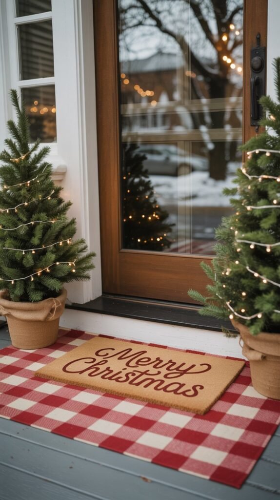 Festive Christmas front porch with cozy holiday decor. A layered doormat setup featuring a red and white buffalo plaid rug beneath a tan coir mat that reads “Merry Christmas” in red script. Two small evergreen trees wrapped in burlap flank the doorway, and a tall wooden vertical sign reads “MERRY little Christmas” in white lettering with colorful dots. The front door has a glass storm door with a simple “hello” decal, reflecting a quiet suburban neighborhood. The color palette includes warm neutrals, deep greens, red, and white for a clean, cheerful holiday look. Soft daylight enhances the cozy seasonal vibe.