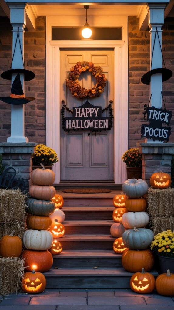 Festive Halloween front porch decorated with layered fall textures and warm seasonal details. A wooden front door framed by tall stone columns serves as the centerpiece, surrounded by stacked pumpkins in shades of orange, cream, and gray. Black garlands drape around the doorway, accented with a “Happy Halloween” banner and a textured fall wreath. Hanging witch hats float above the entry, adding a whimsical touch. The steps are lined with hay bales, potted mums in orange, white, and yellow, and carved jack-o’-lanterns glowing softly. Lanterns, cornstalks, and rustic “Trick or Treat” and “Hocus Pocus” signs complete the look. The overall atmosphere is cozy, festive, and full of Halloween spirit — a perfect blend of farmhouse charm and spooky elegance.