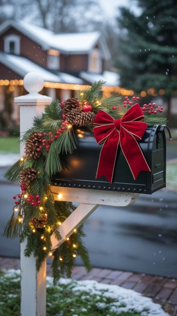 Festive mailbox decorated for Christmas with lush greenery and warm holiday charm. A black metal mailbox is wrapped with a garland of evergreen pine branches, red berries, and pinecones, accented by twinkling white fairy lights. A large red velvet bow with gold trim sits on top, adding a cheerful pop of color. The mailbox is mounted on a crisp white post, standing along a suburban driveway with light snow on the ground and blurred houses in the background. The overall feel is cozy, classic, and festive—perfect for a traditional holiday scene.