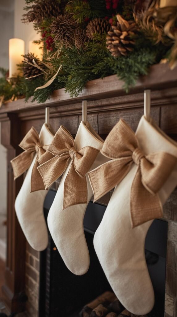 Fireplace mantel with white stockings featuring oversized burlap bows and velvet ribbon accents. Mixed greenery garland above and gold candleholders on the side. Cozy ambient lighting, holiday warmth, slight grain for realism, 35mm lens.