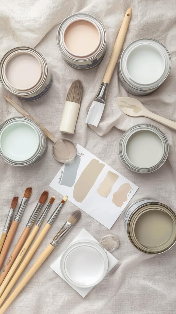 Flat lay of multiple paint options — open cans of chalk paint, milk paint, and acrylic paint in pastel and neutral shades. Brushes, color swatches, and stir sticks arranged neatly on a linen drop cloth. Aesthetic composition emphasizing choice and creativity.