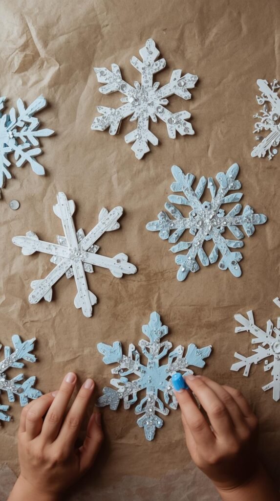 Flat lay of painted popsicle stick snowflakes drying on parchment paper. Some are white, blue, and silver with glitter and sequins.