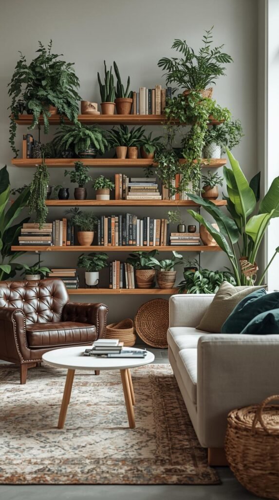 Modern cozy living room with a lush indoor jungle aesthetic. The space features layered wooden floating shelves filled with cascading houseplants, potted greenery, and books, creating a vertical garden effect. A tufted brown leather armchair sits beside a sleek white coffee table and a neutral sofa with deep green accent pillows. Textured elements like woven baskets, a patterned rug, and ceramic planters add warmth and character. Natural light streams through a nearby window, highlighting the fresh and inviting atmosphere that blends modern comfort with biophilic design.