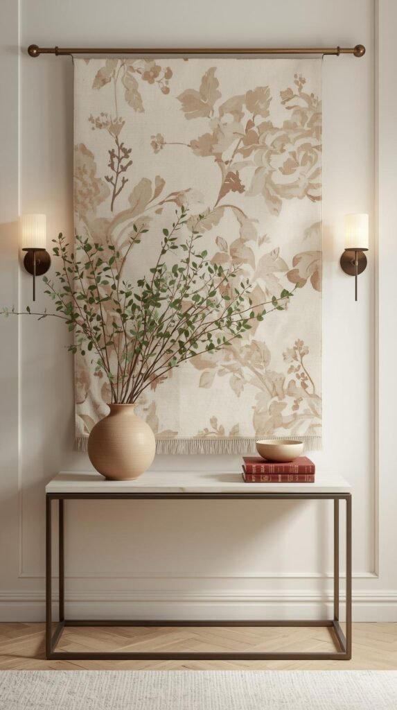 Elegant neutral console table vignette styled in a serene, modern farmhouse aesthetic. A large floral-textured wall tapestry in soft beige and taupe tones hangs behind the table, framed by slim wooden rails. On the table, a natural clay vase holds organic green branches with delicate leaves, next to a small stack of vintage books with red covers and a shallow ceramic bowl. Two wall sconces cast a warm ambient glow on either side, creating a cozy and sophisticated atmosphere. Soft natural lighting, clean lines, and a calm, minimalist design. High-resolution interior styling photo.