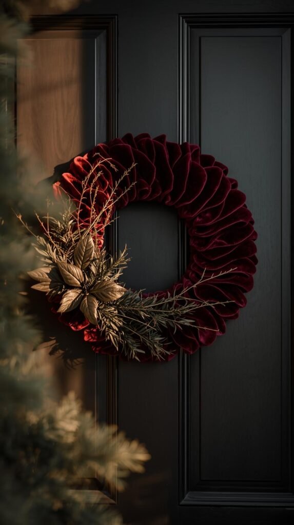 Front door scene with a round velvet ribbon wreath in deep burgundy and gold accents. Subtle metallic shimmer, lush greenery touches, and clean matte black door background. Golden afternoon light, slight vignette for focus, 85mm lens.