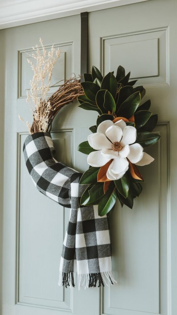Modern farmhouse front door wreath wrapped in black and white buffalo plaid fabric, decorated with a large white magnolia flower, deep green leaves, and a small cluster of dried wheat stems. The wreath hangs on a pale sage green door with white trim, creating a cozy and minimalist aesthetic. Soft natural lighting, neutral tones, and clean composition evoke a rustic yet elegant cottage feel. High-resolution lifestyle photography with a welcoming porch atmosphere