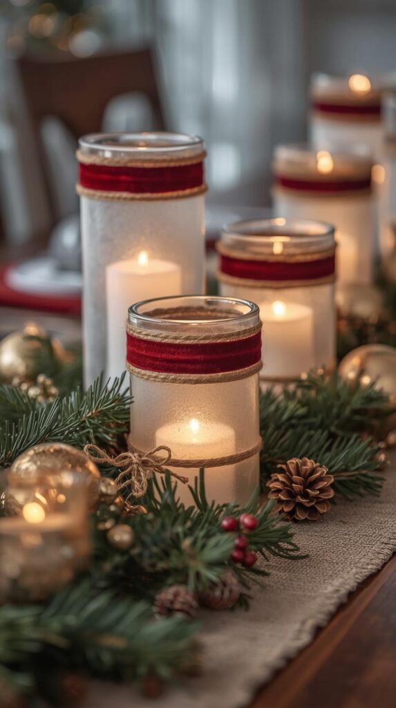Close-up of a holiday dining table with frosted glass vases of varying heights, tied with velvet ribbon and twine, glowing with warm LED candles. Surrounded by pine sprigs, gold ornaments, and linen table runner. Soft ambient lighting with bokeh candle glow.