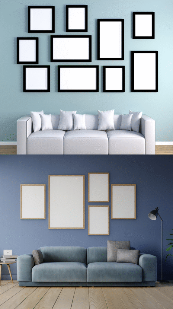 Minimalist gallery wall layout diagram showing various frame sizes arranged in a balanced rectangular composition. The central frame is 70x100 cm, surrounded by medium (50x70 cm) and smaller frames (30x40 cm, A4). Clean black-and-white design on a neutral background, evenly spaced for symmetry and harmony. Ideal for planning modern living room or hallway art arrangements. Flat design, high-resolution graphic with clear typography and precise spacing.