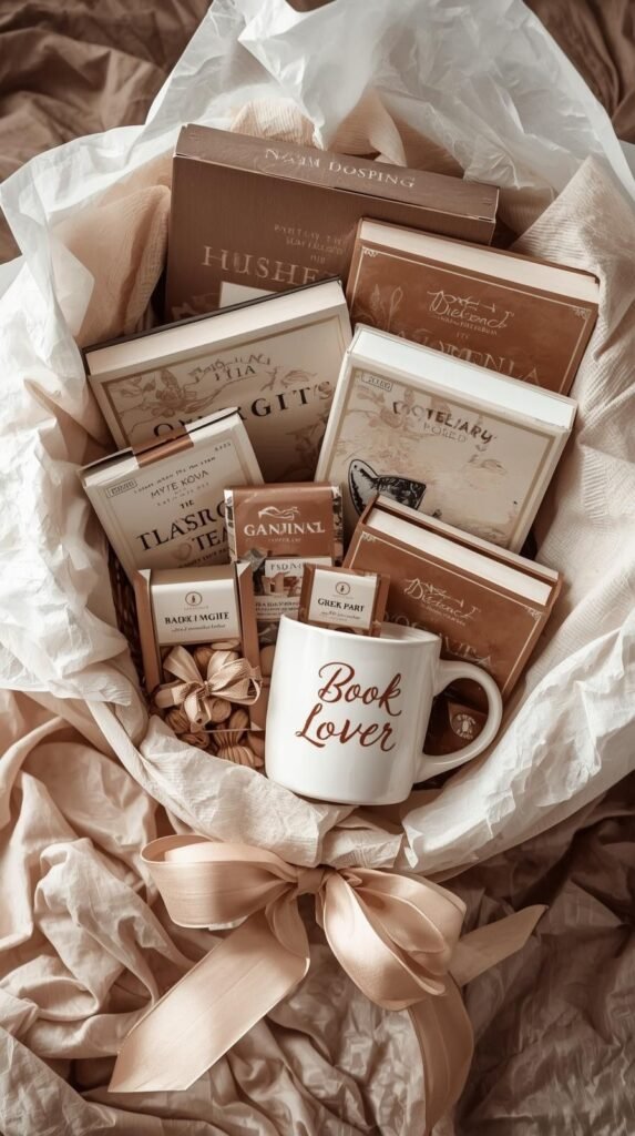 Gift basket filled with books, tea, chocolate, and a mug labeled “Book Lover.”