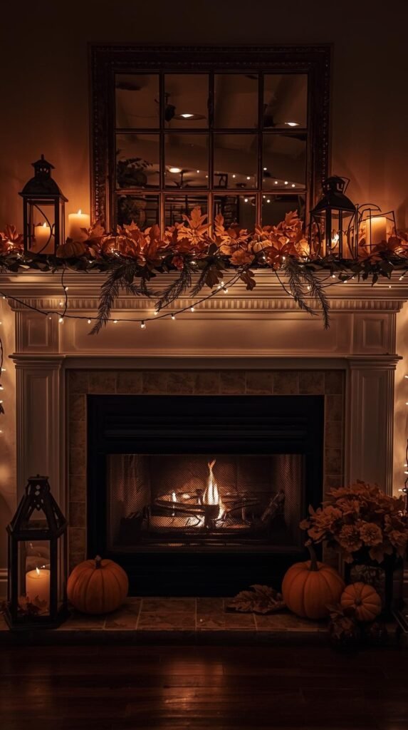 Evening living room shot showing a glowing fireplace mantel with flickering candles, lanterns, and soft fairy lights. The lighting feels inviting and warm. A few pumpkins and fall accents complete the scene.