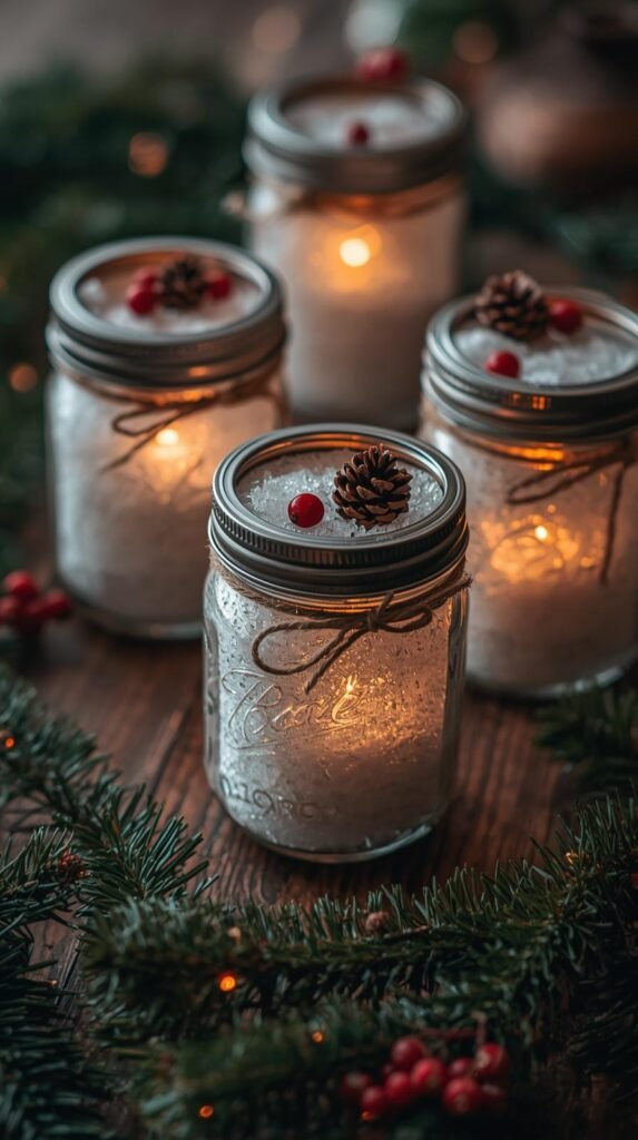 Rustic wooden table with glowing mason jars coated in Epsom salt “snow.” Each jar rimmed with twine and small pinecones or berries. Gentle candlelight illuminating surrounding pine branches. Cozy evening light, soft contrast, macro close-up.